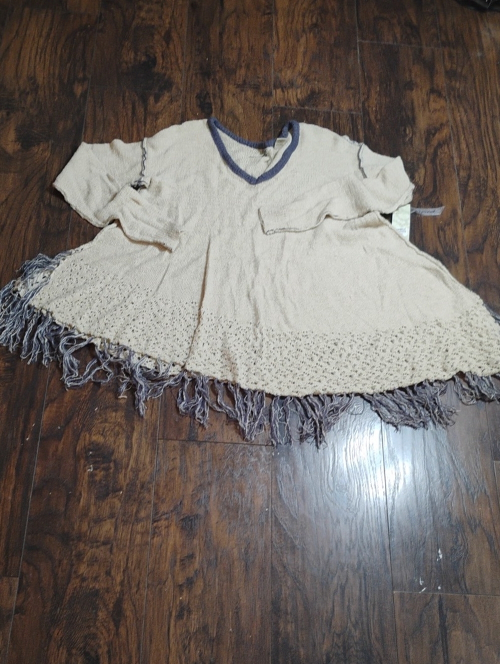 BKE Cream Knit Fringe Top with Gray Trim